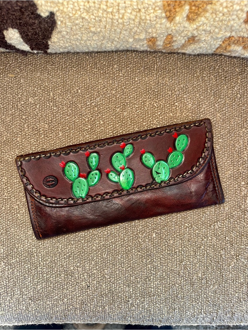 Brown Leather Wallet with Green Cactus Embossing